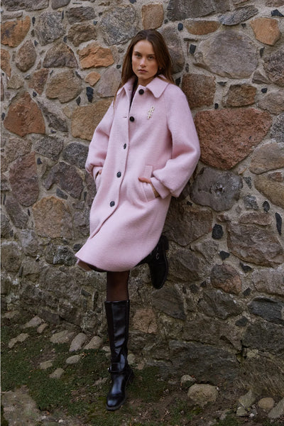 Rue de Femme Addison blush pink wool blend coat styled outdoors