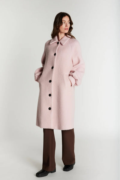 Rue de Femme Addison blush pink wool blend knee length coat front view