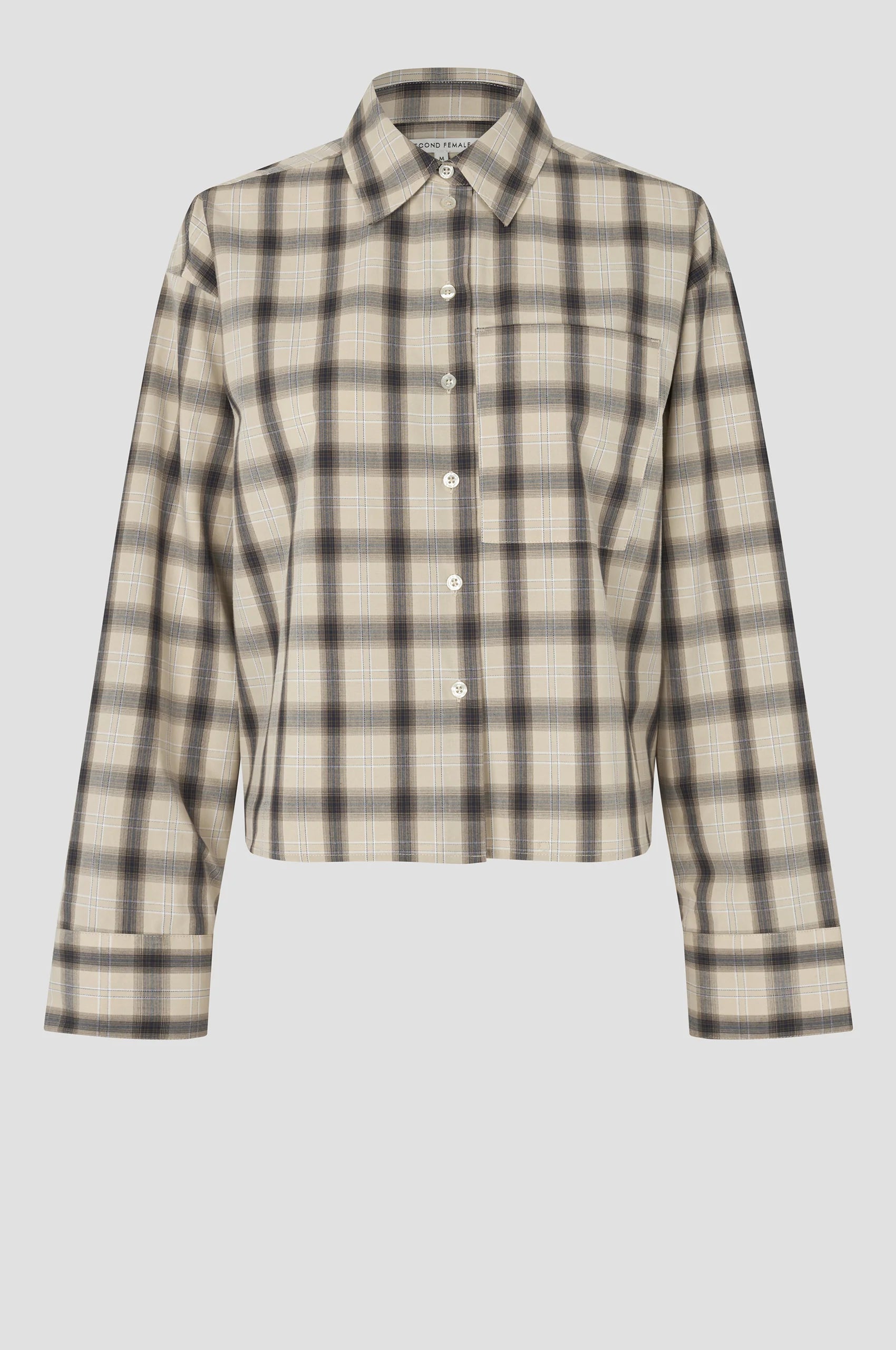 Second Female Liria neutral check button-up cream shirt product front view