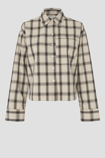 Second Female Liria neutral check button-up cream shirt product front view