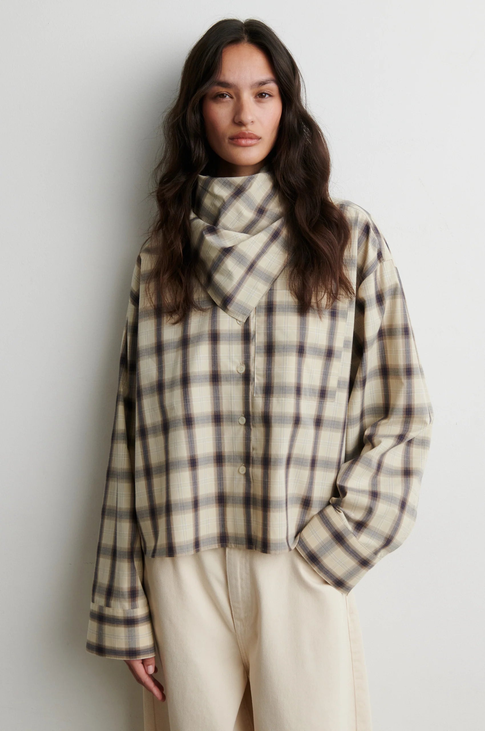 Second Female Liria loose fit check shirt styled with a coordinating scarf