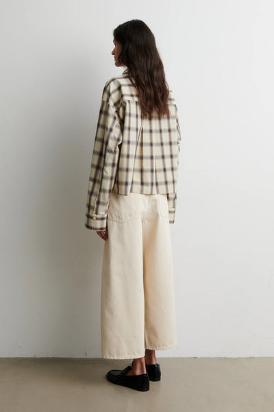 Side view of Second Female Liria loose fit cotton plaid shirt
