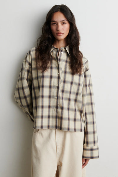 Second Female Liria neutral cream check cotton shirt styled front view