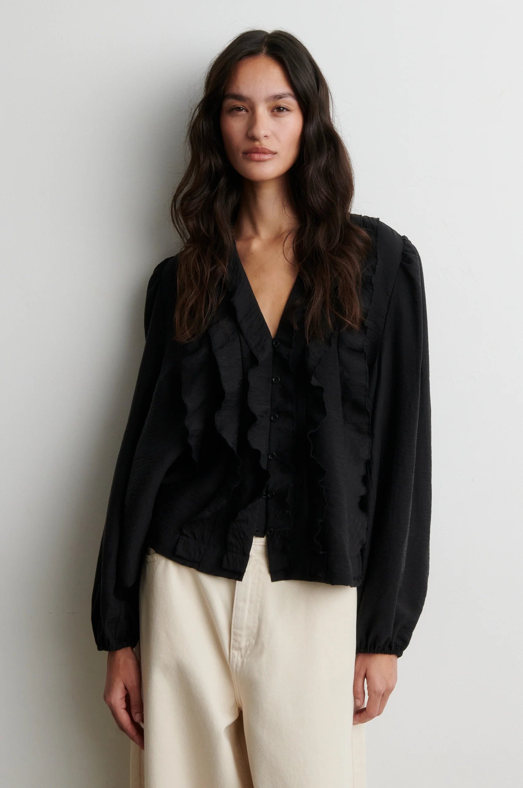 Second Female Rayna black long sleeve frill blouse three-quarter view