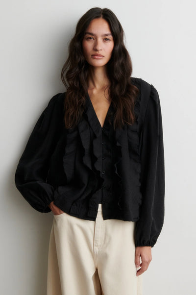 Second Female Rayna black v-neck frill blouse styled front view